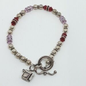 * 925 sterling silver Prayer Box charm bracelet ruby & lavender glass beads